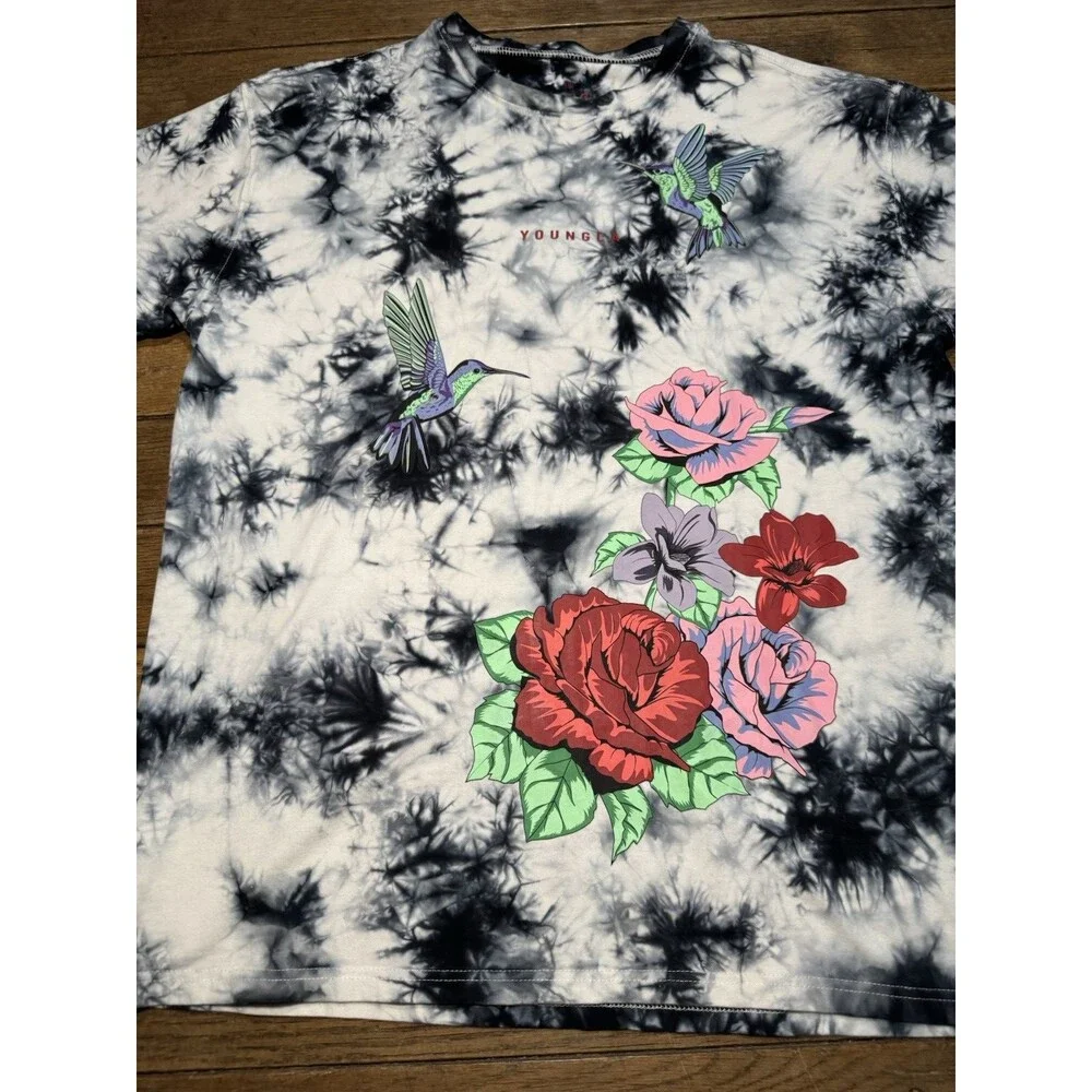 Youngla Shirt Mens Small Black White Tie-Dye Floral Hummingbird Short Sleeve - Picture 2 of 7